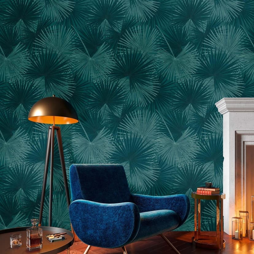 Fotomural tejido sin tejer hojas de palmera azul jungla papel pintado dormitorio