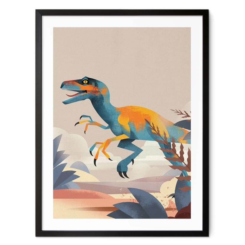 Póster infantil dinosaurio - Velociraptor - Marrón