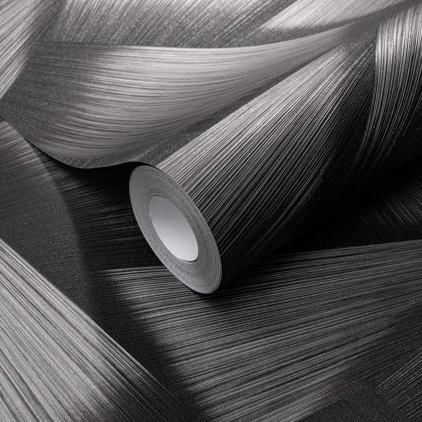 Papel pintado no tejido con formas geométricas y efecto metálico en negro