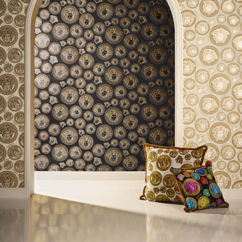 Papel pintado no tejido Versace Home oro negro medusa papel pintado de diseño cabezas de medusa oscuras