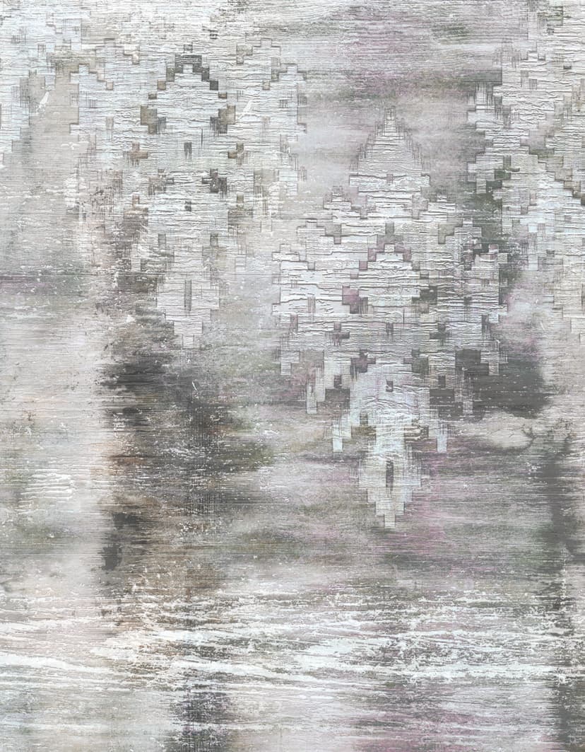 Fotomural Bosque nuboso brillante en gris con abedules y estructura abstracta 3,4 x 2,65 m