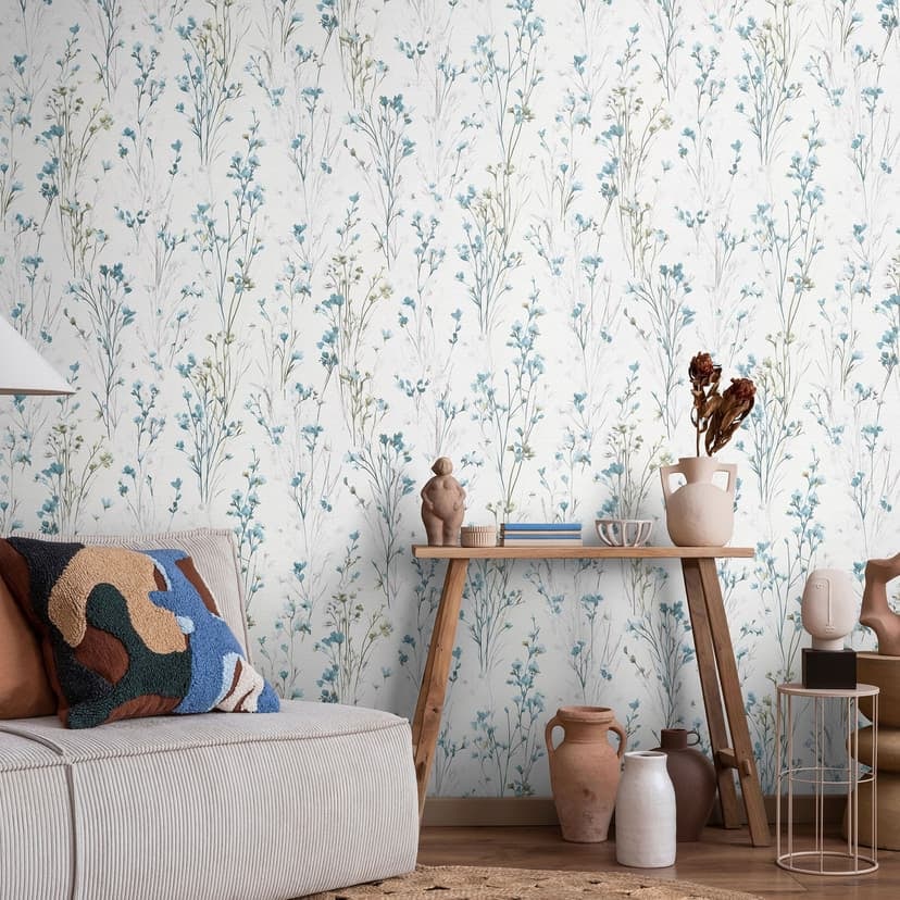 Papel pintado no tejido con delicadas flores de prado en azul y blanco como papel pintado de naturaleza floral