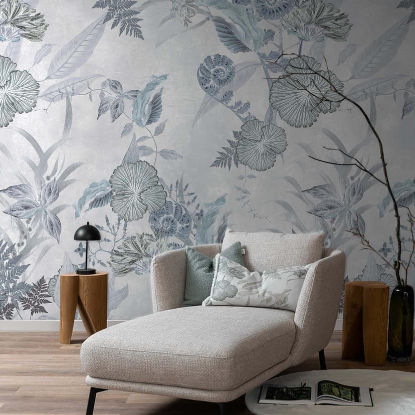 Fotomural flores, hojas naturaleza floral, moderno en gris