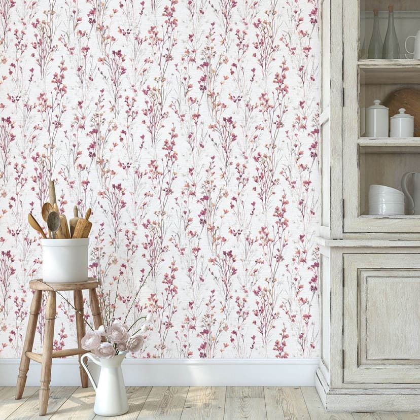 Papel pintado no tejido con delicadas flores de prado en rosa y blanco como papel pintado de naturaleza floral