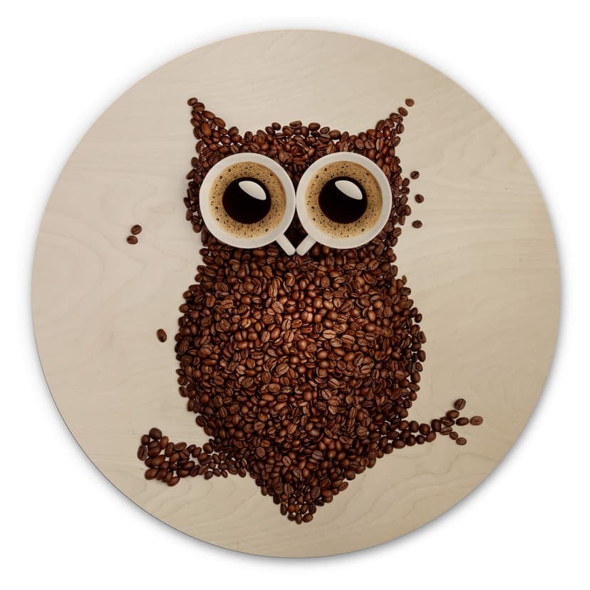 Cuadro de madera búho de café - redondo