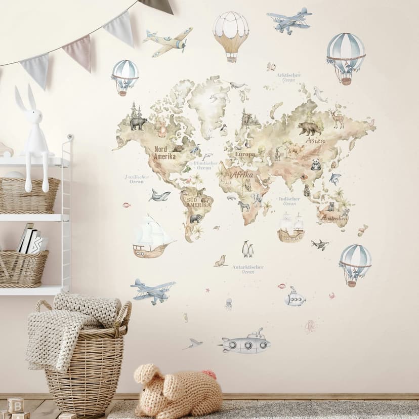 Papel pintado mapamundi gráfico niños, Papel pintado no tejido clásico mate en beige 2,70 x 1,59 m