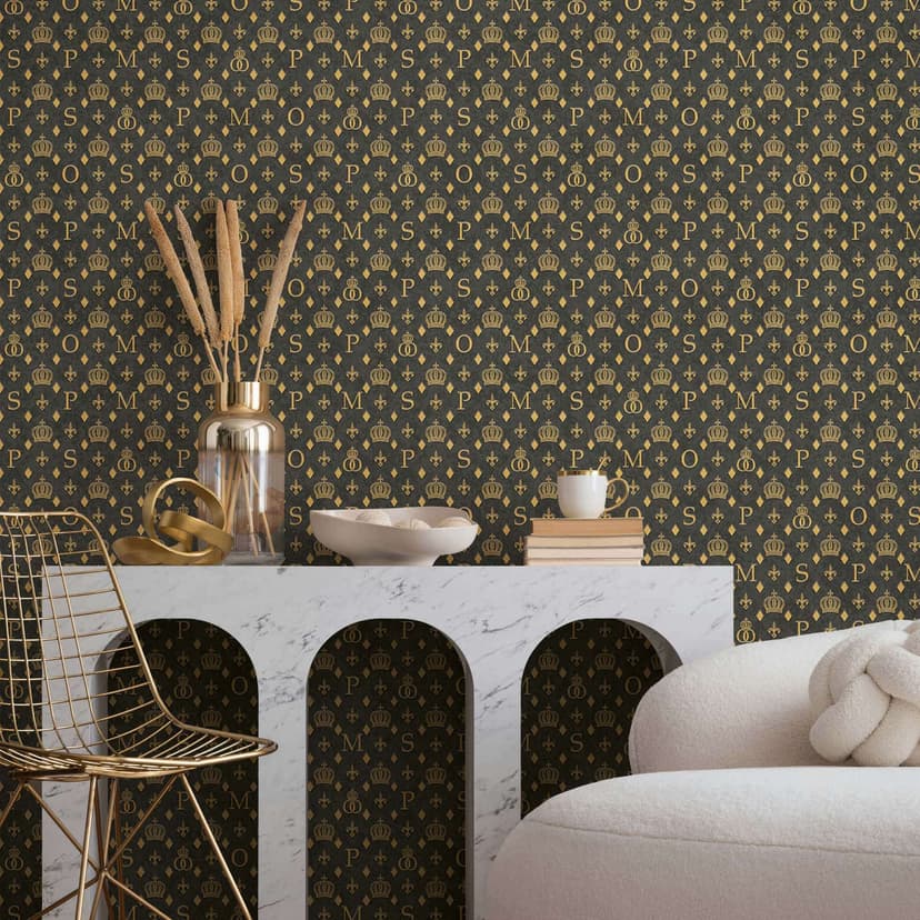 Papel pintado no tejido coronas, diamantes diseñador gráfico mate en negro