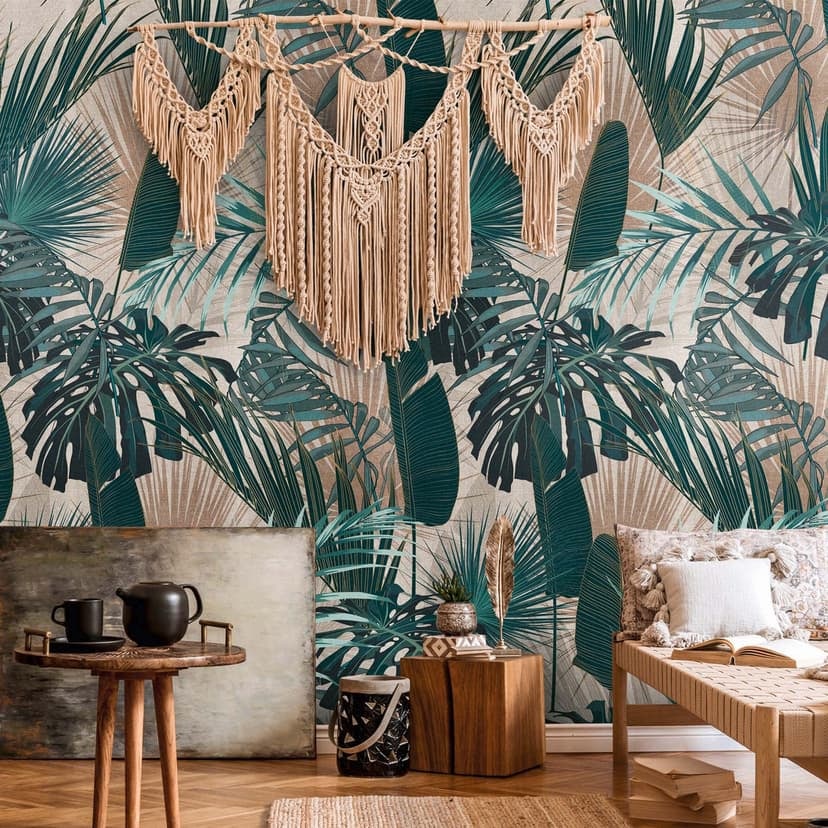 Papel pintado selva verde beige fotomural hojas de palma papel pintado no tejido verde oscuro salón