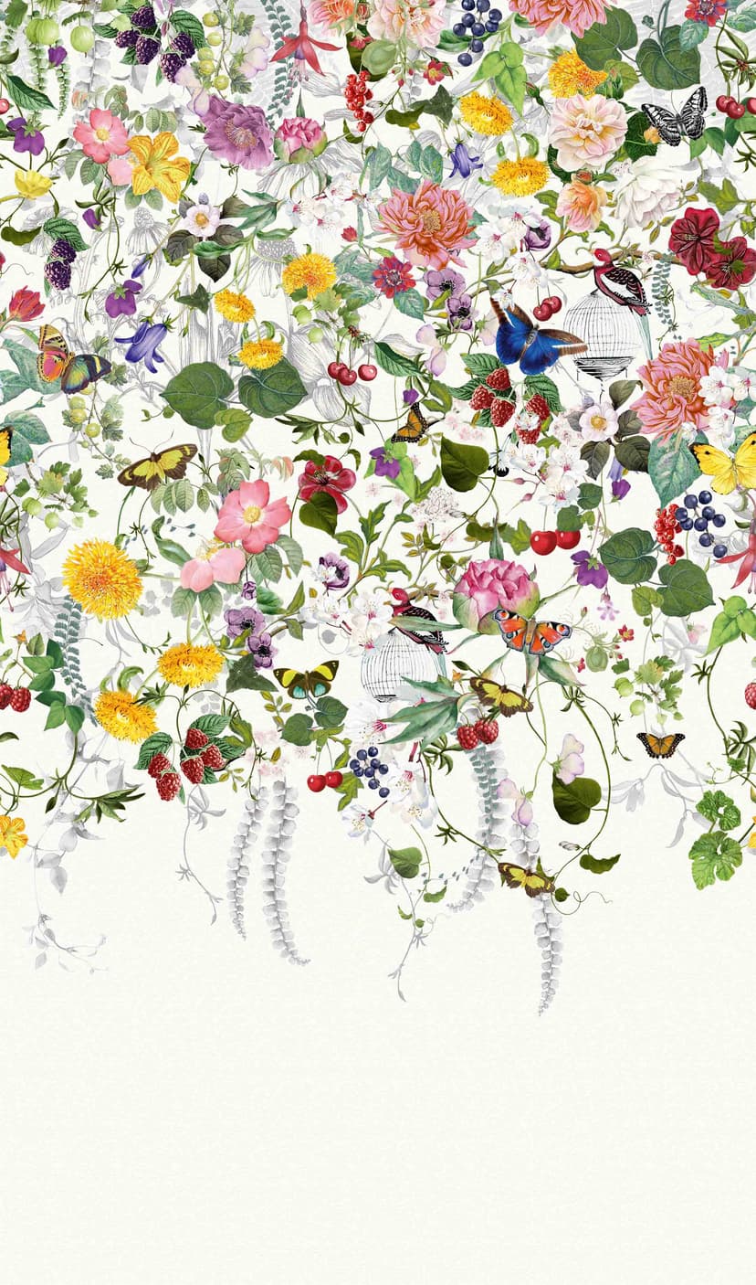 Fotomural Colorido prado de flores con mariposas y bayas vintage 2,7 x 1,59 m