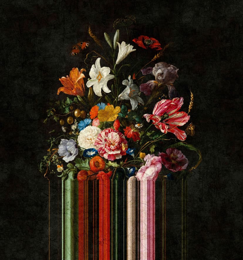 Fotomural Barroco bodegón ramo de flores sobre fondo oscuro 3,4 x 3,18 m