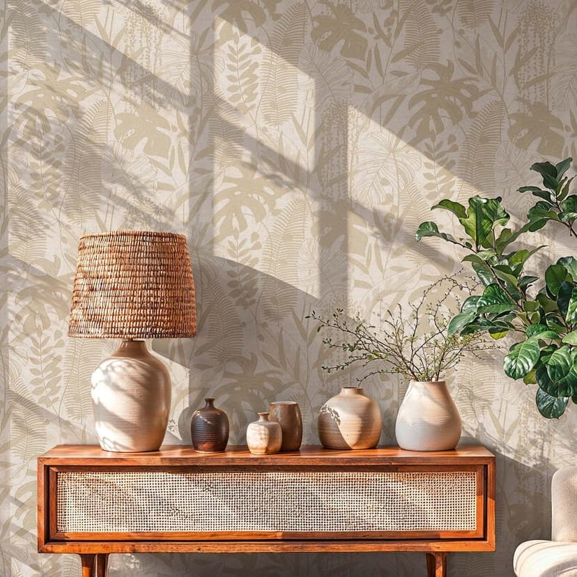 Papel pintado no tejido hojas de palmera beige crema empapelado metalizado papel pintado naturaleza pasillo