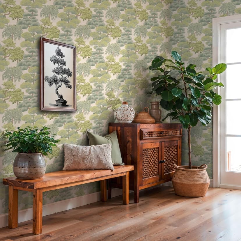 Papel pintado no tejido arboles naturaleza verde crema papel pintado bosque hojas paisaje