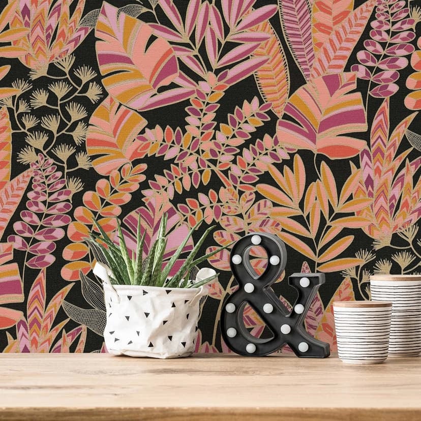 Papel pintado hojas negro naranja rosa - papel pintado tejido-no tejido plantas de la jungla