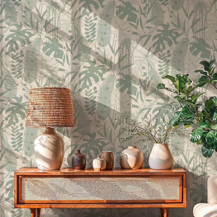 Papel pintado no tejido hojas de palmera verde crema gris metalizado papel pintado naturaleza