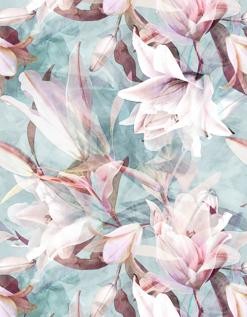 Fotomural Delicadas flores de acuarela en pastel sobre azul claro con enfoque suave 3,4 x 2,65 m