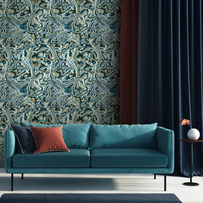 Papel pintado no tejido en azul, verde, beige aspecto mármol piedra gráfico moderno