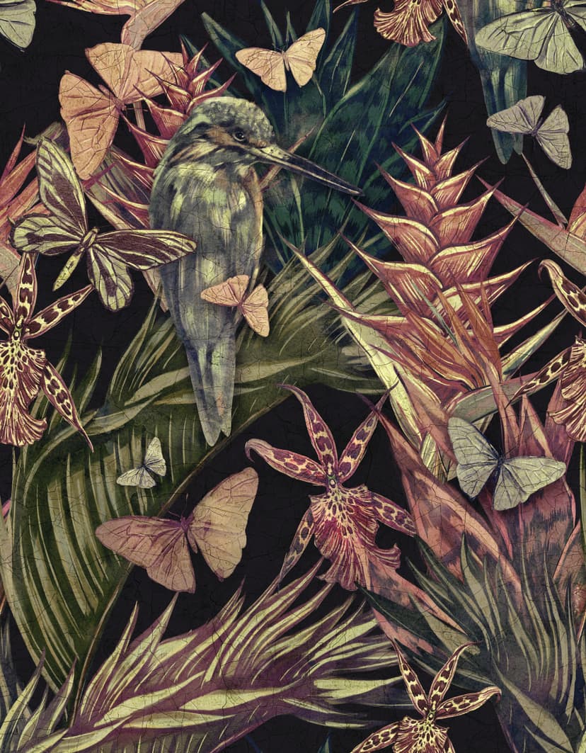 Fotomural motivo Garza en selva tropical con mariposas y orquídea 3,4 x 2,65 m