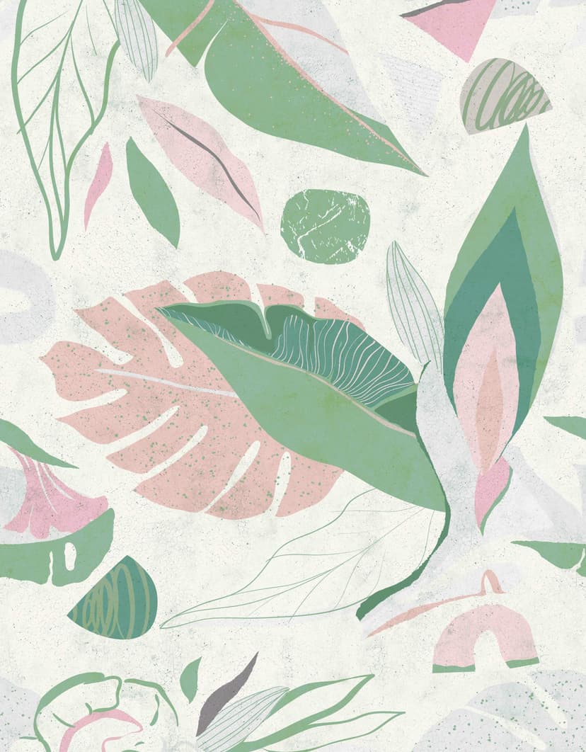 Fotomurale con motivo de hojas abstractas en colores pastel; verde salvia y beige 3,4 x 2,65 m