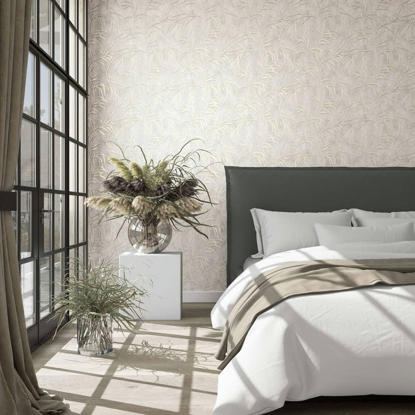 Papel pintado no tejido con hojas en hormigón de aspecto floral beige