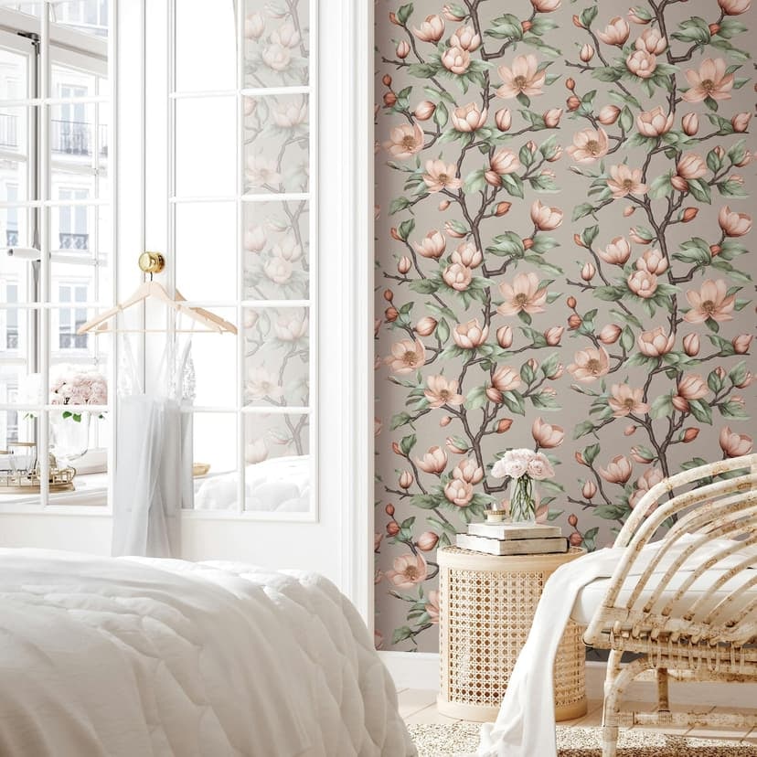 Papel pintado no tejido ramas, flores naturaleza floral mate en gris marrón verde