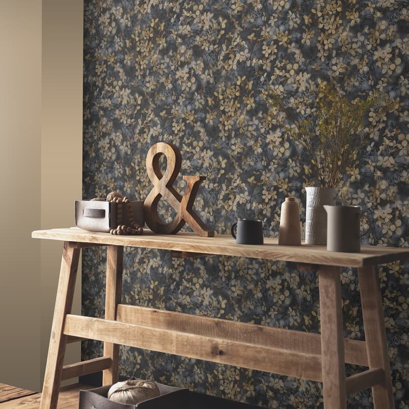 Papel pintado tejido-no tejido floral con hojas en azul