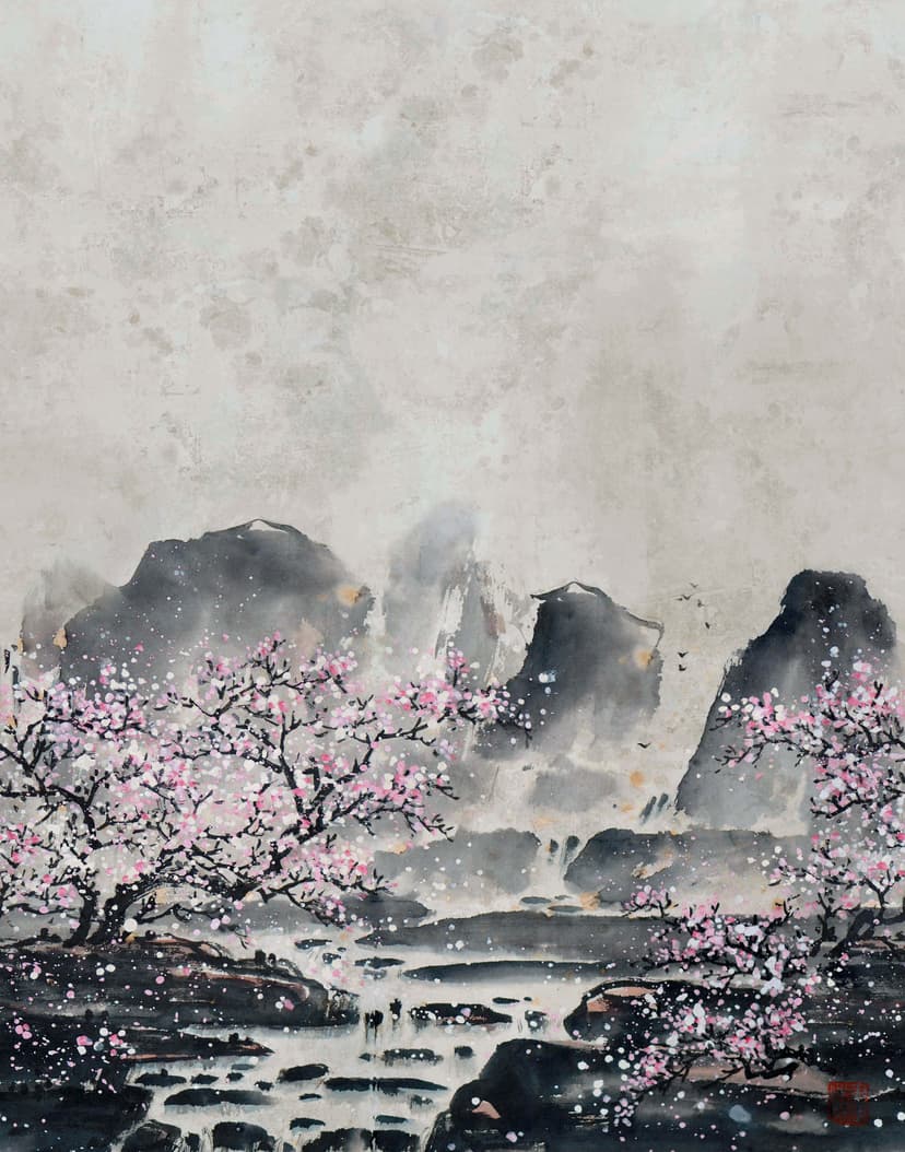 Fotomural Flores de cerezo en la niebla con montañas en tonos grises y rosa suave 2,7 x 2,12 m
