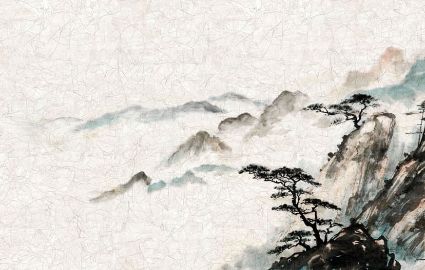 Fotomural Paisaje brumoso de montaña con rayo de luz y pino en tinta 2,7 x 4,24 m