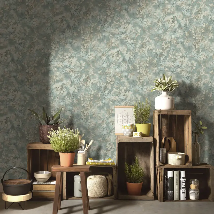 Papel pintado no tejido floral con hojas en verde