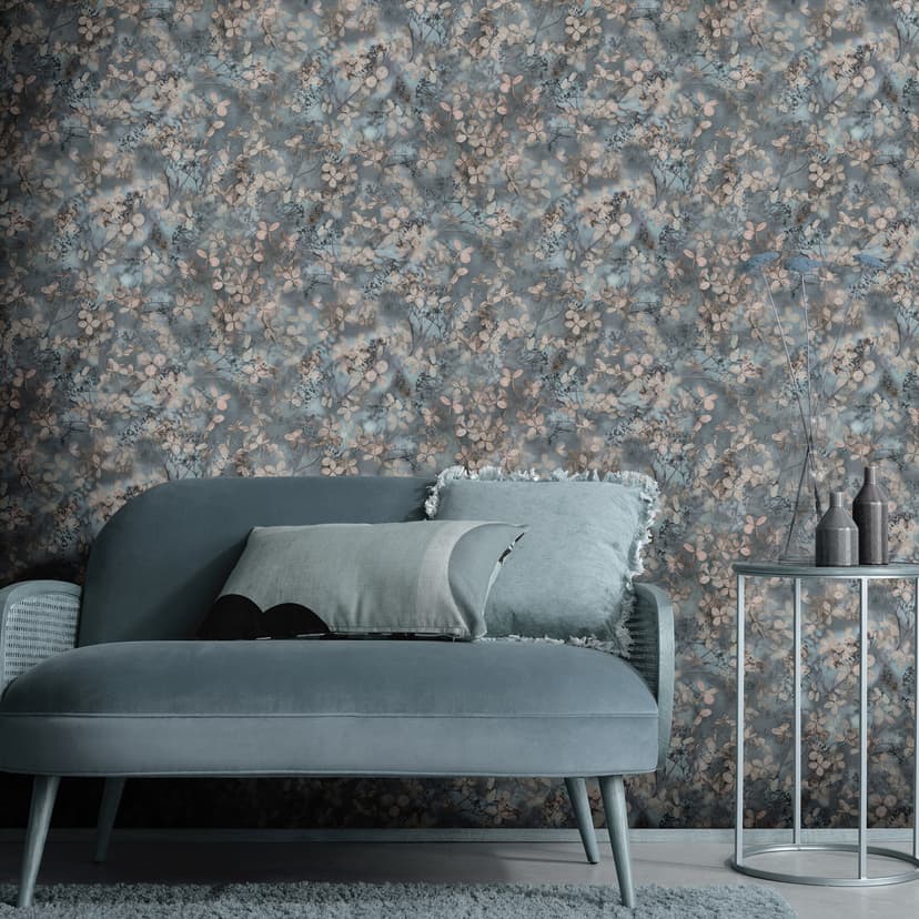 Papel pintado tejido-no tejido floral con hojas en azul
