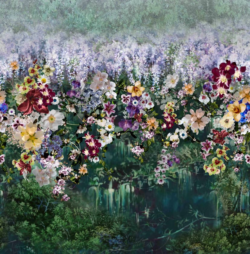 Fotomural Pradera de flores silvestres con mezcla de flores en morado y crema 2,7 x 2,65 m