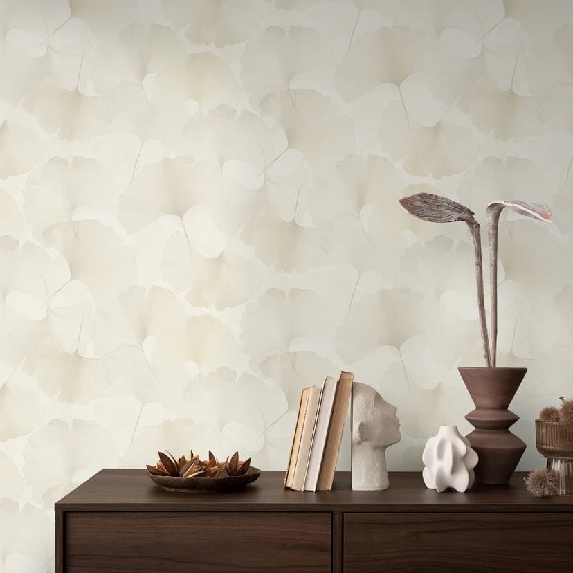 Papel pintado con motivo de hojas Elysium crema