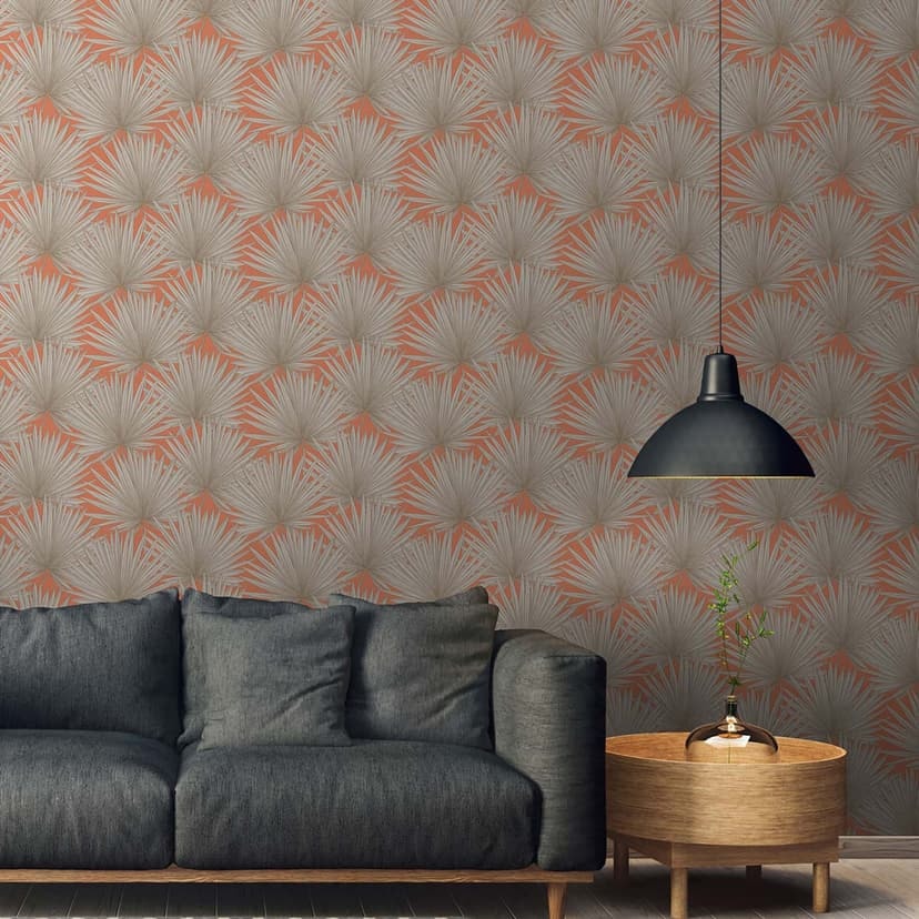 Papel pintado no tejido hojas de palmera beige anaranjado - jungle wallpaper living room