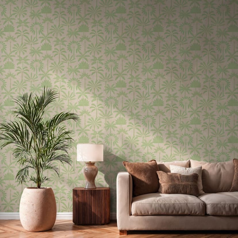 Papel pintado no tejido palmeras beige crema verde metalizado papel pintado hojas naturaleza