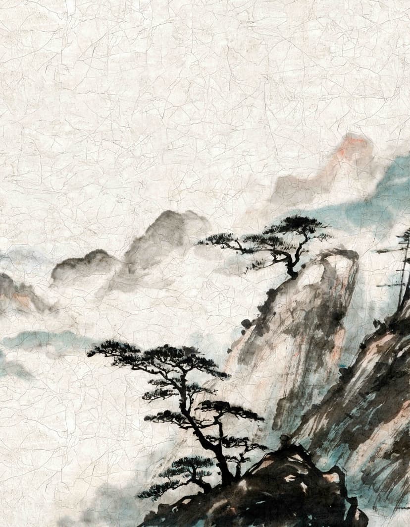 Fotomural Montañas brumosas a la luz de la mañana con silueta de pino en estilo japonés 3,4 x 2,65 m