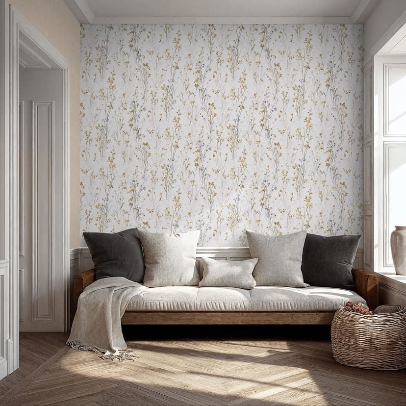 Papel pintado no tejido con delicadas flores de prado en amarillo y blanco como papel pintado naturaleza floral