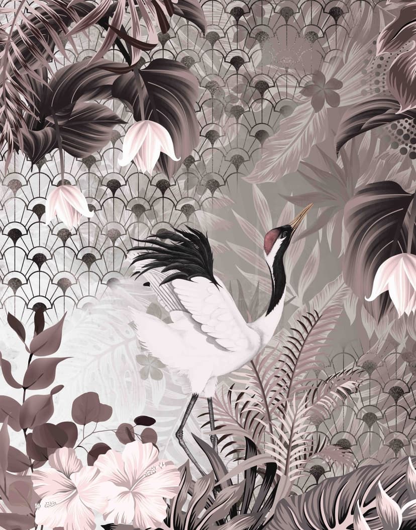 Fotomurale Crane con motivo art deco e flore in grigio nero 2,7 x 2,12 m