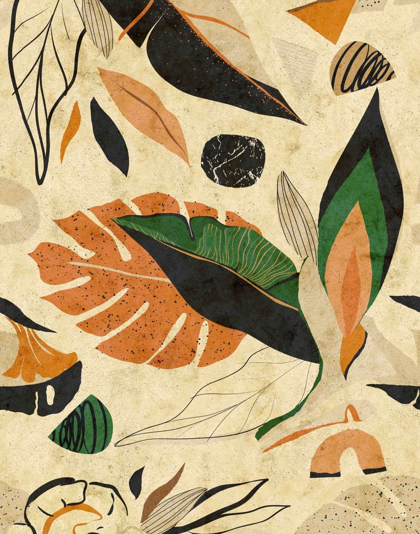 Fotomurale Hojas abstractas en terracota negro y verde en estilo boho 2,7 x 2,12 m