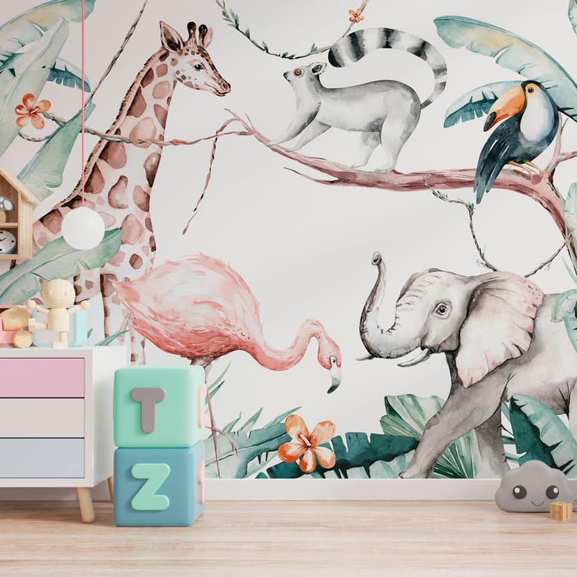 Papel pintado Animales SafariFriends blanco verde - Papel pintado no tejido Designwalls 2 - 2,55 x 3,5 m