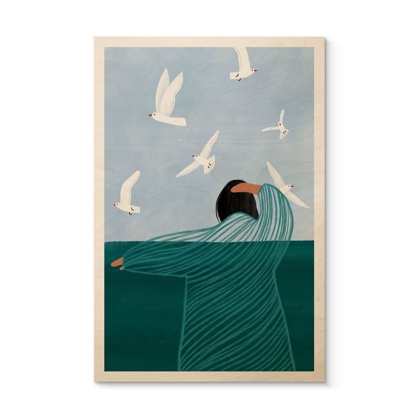Cuadro de madera mujer con gaviotas junto al mar - Müller