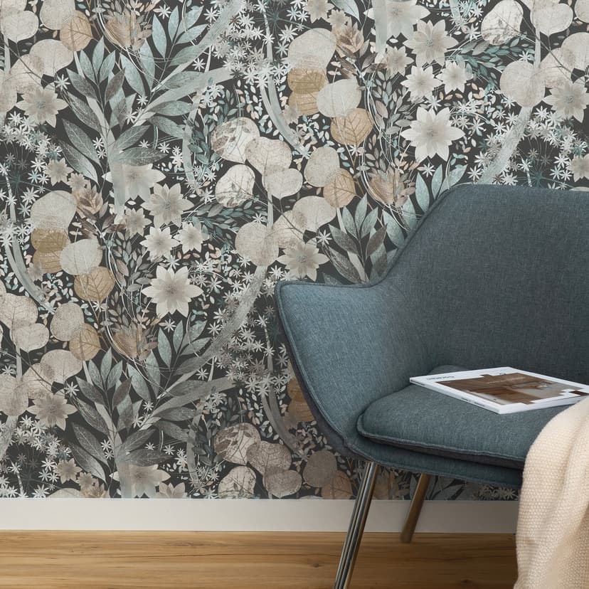 Papel pintado no tejido, papel pintado motivo hoja Secret Garden azul