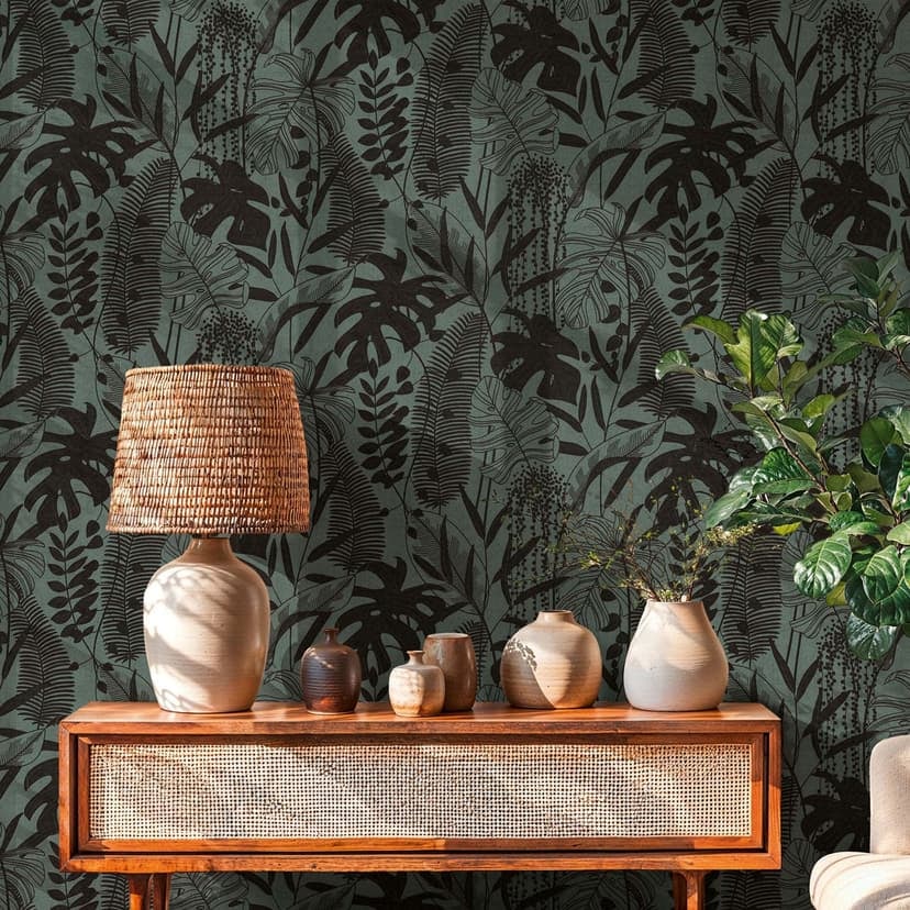 Papel pintado no tejido hojas de palmera azul negro metálico papel pintado tropicales