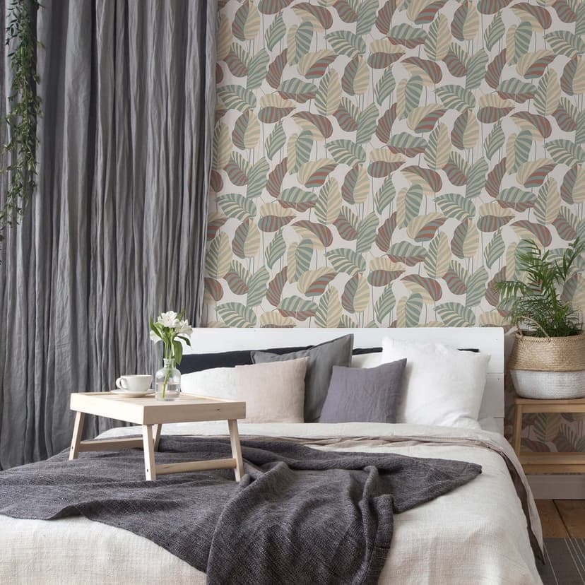 Papel pintado plantas hojas blanco verde naranja rojo - papel pintado no tejido moderno