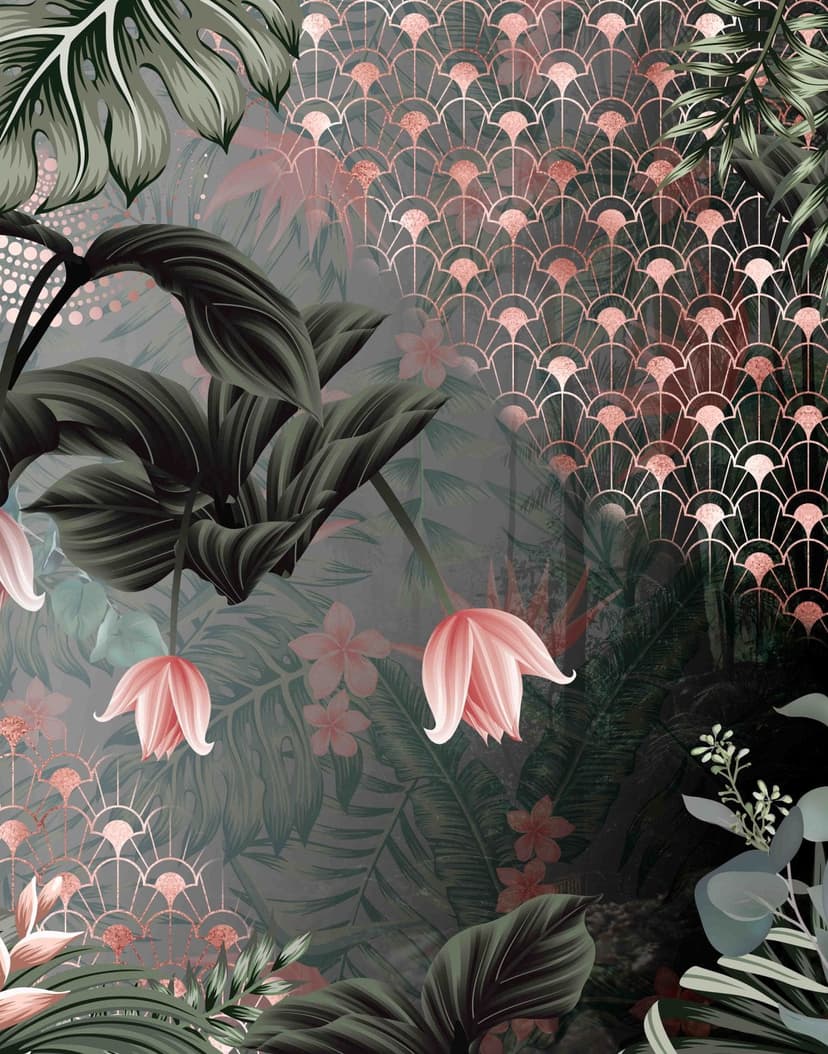 Fotomurale con motivo grulla con abanico art déco y flores 2,7 x 2,12 m