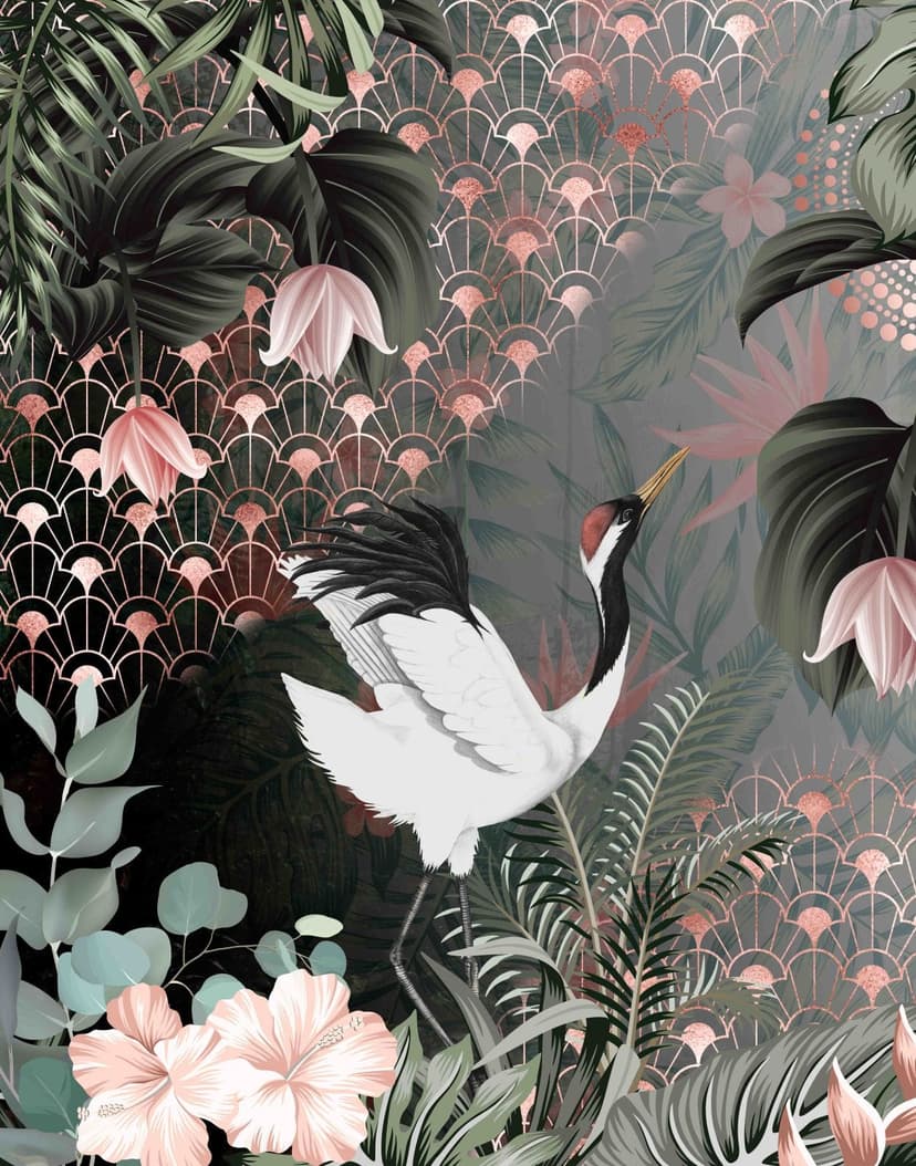 Fotomurale con motivo grulla con Muestra art deco y flores 2,7 x 2,12 m