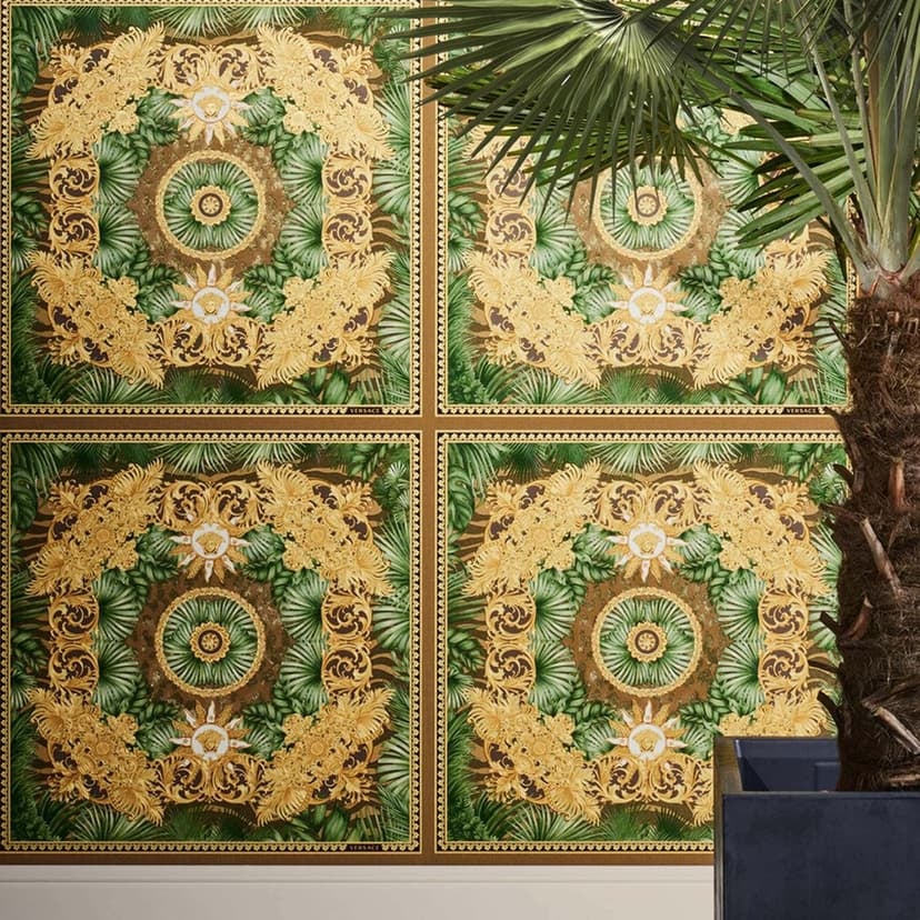 Papel pintado Versace Home selva hojas de palmera verde oro papel pintado no tejido de diseño de lujo naturaleza