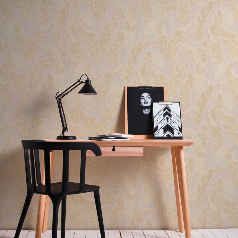 Papel pintado no tejido con hojas, blanco oro claro brillante - papel pintado floral plantas