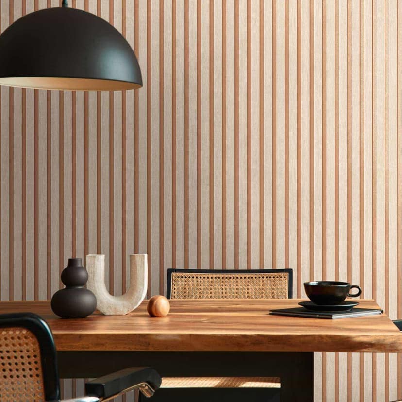 Papel pintado no tejido escandinavo efecto madera beige bronce metalizado ligeramente brillante