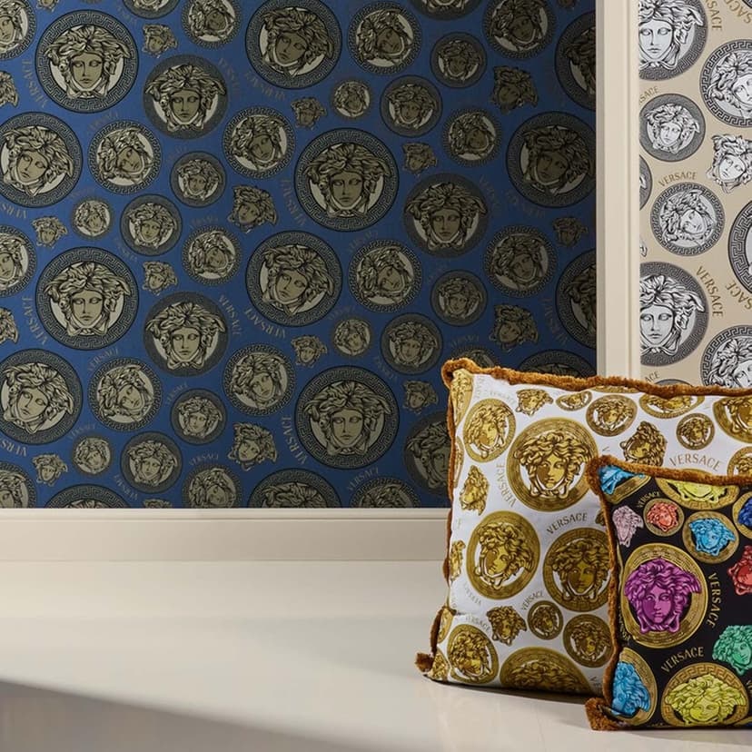 Papel pintado Versace Home azul negro con cabezas de medusa papel pintado no tejido de diseño de lujo