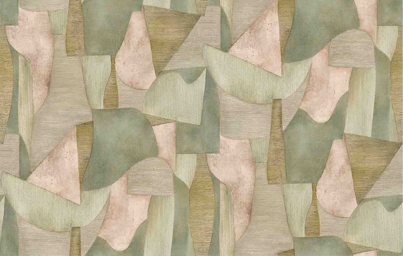 Fotomural con motivo Formas abstractas en verde salvia y beige con lino 2,7 x 4,24 m