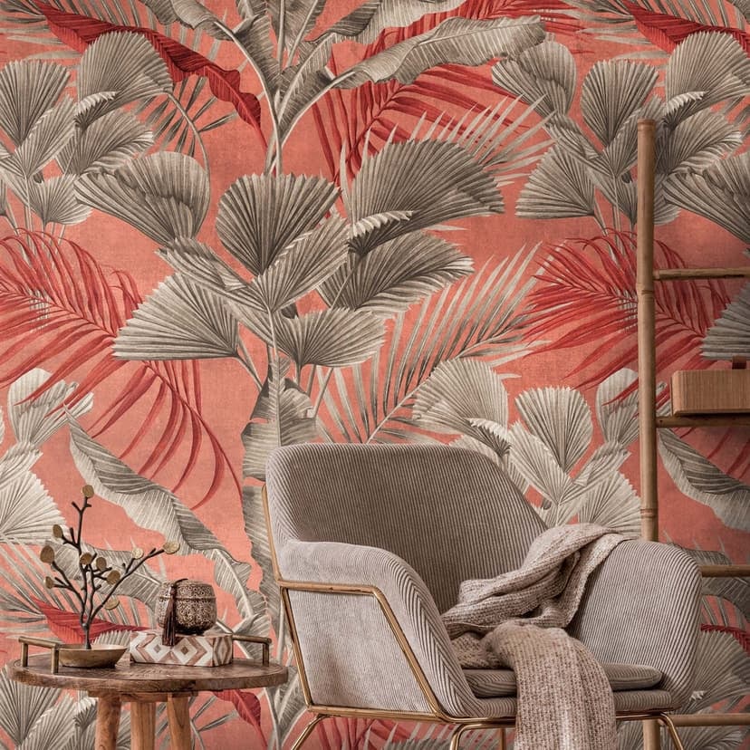 Fotomural palmeras hojas rojo gris selva dormitorio papel pintado no tejido